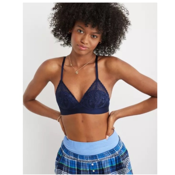 AERIE Wireless Lace Paisley Overlay Bra Navy Size 32A - Picture 1 of 11
